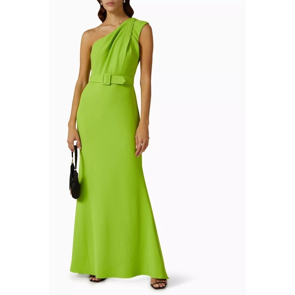 $895 Badgley Mischka Womens One Shoulder Belted Gown Lime Green Size 4 NWT - Picture 1 of 16